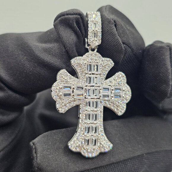 925 Sterling Silver Other - Silver 925 Rhodium Plated Fleur De Lis Cross Baguette Cut Clear CZ Pendant